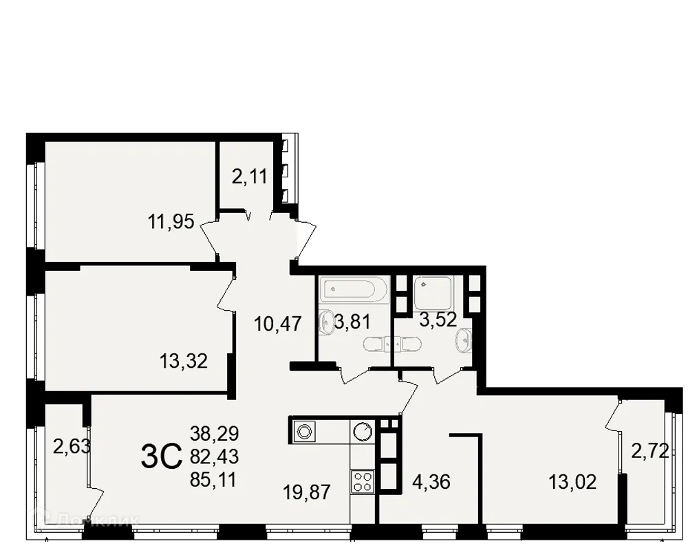 Планировка 3-комнатной квартиры 85.11 м² в ЖК Аура, г. Рязань — фото 2