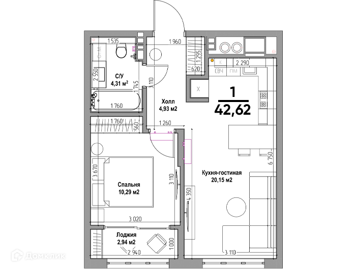 Планировка 1 комн. в ЖК Аструм