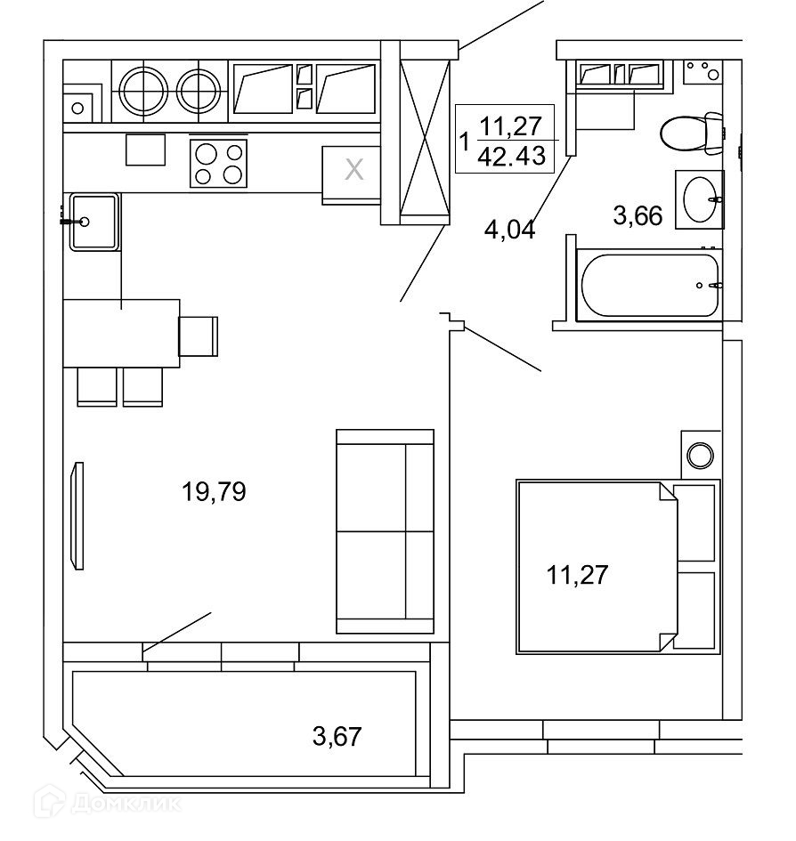 Планировка 1 комн. в ЖК Смарт Квартал ЦЕНТРАЛЬНЫЙ