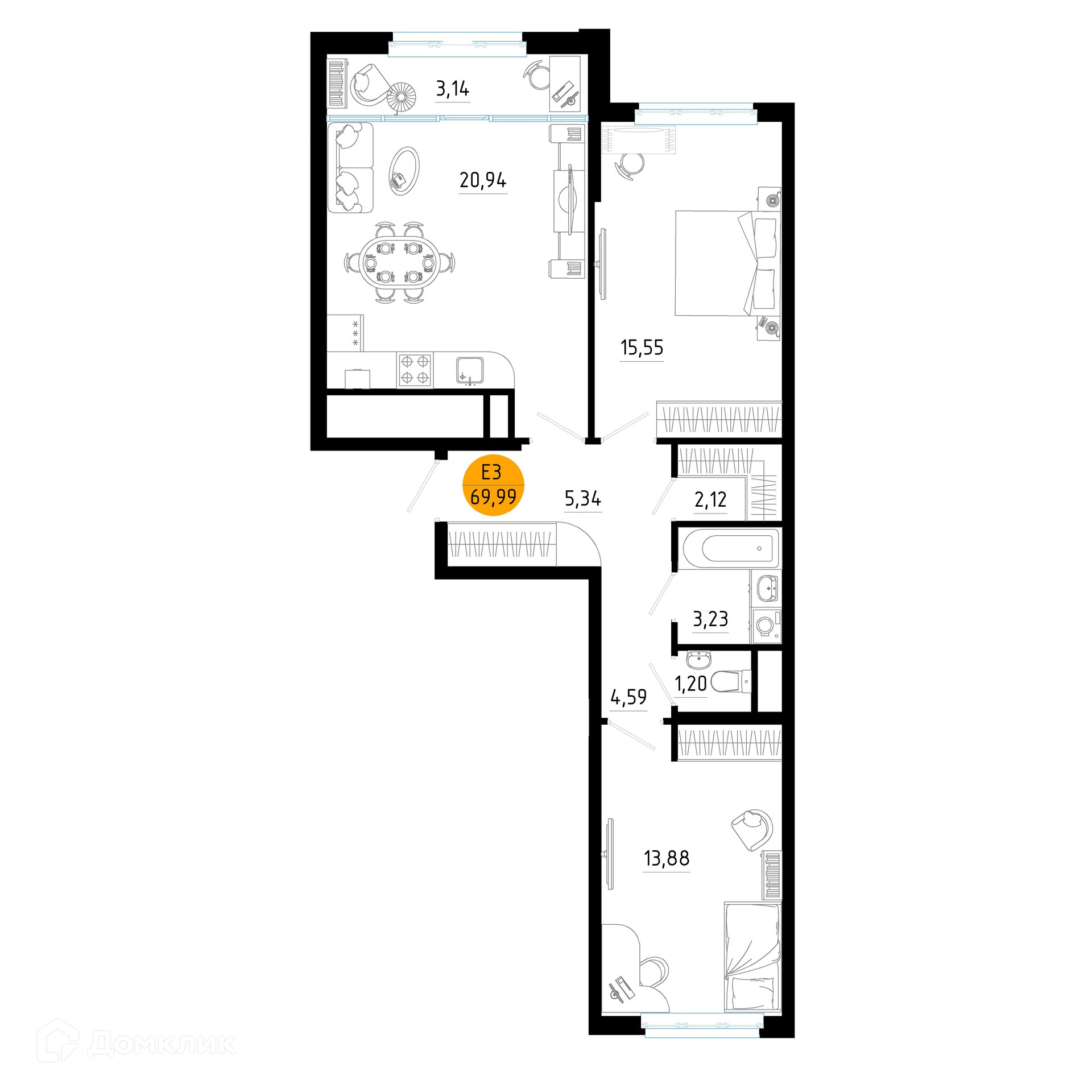Планировка 2 комн. в ЖК Смарт Квартал ЦЕНТРАЛЬНЫЙ