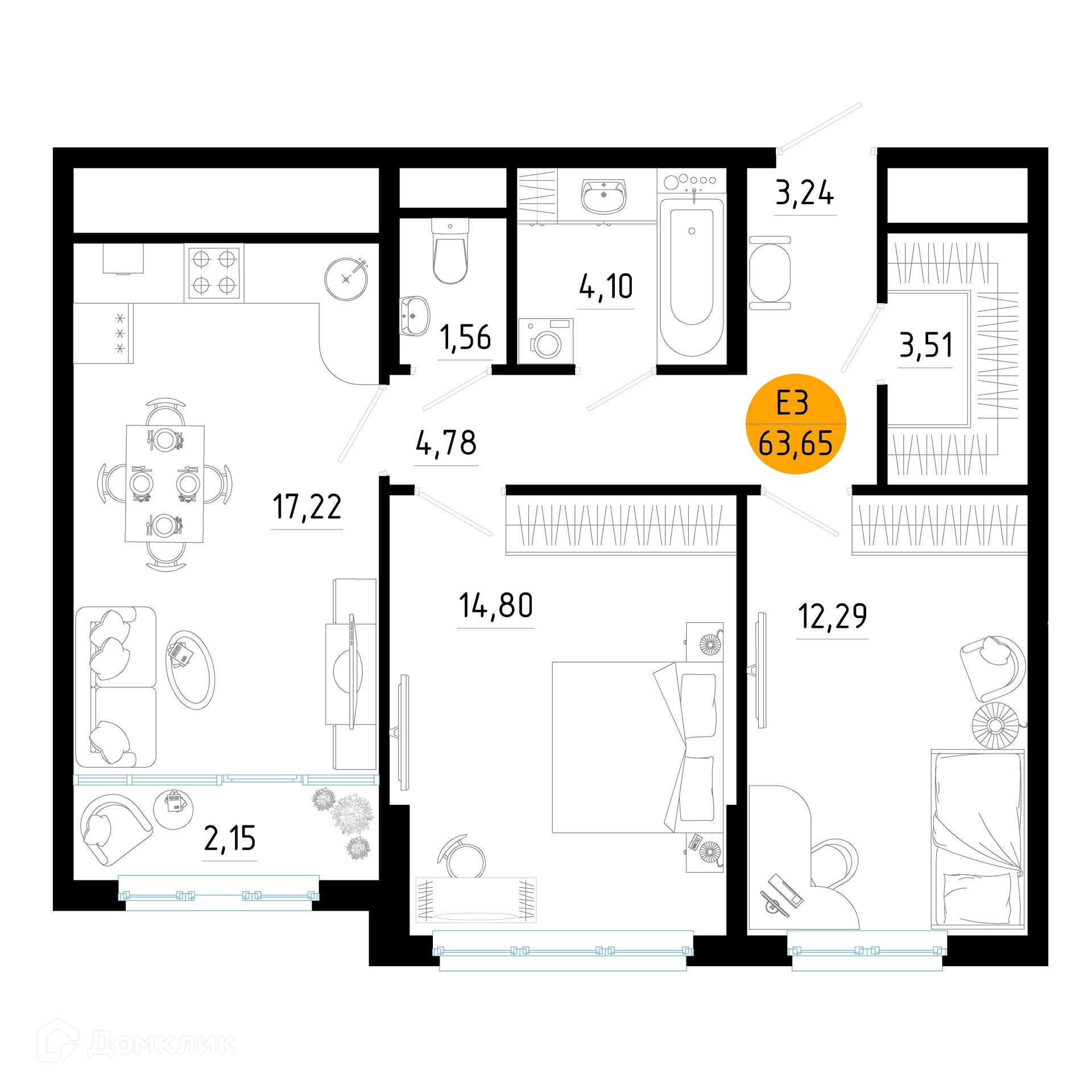 Планировка 2 комн. в ЖК Смарт Квартал ЦЕНТРАЛЬНЫЙ