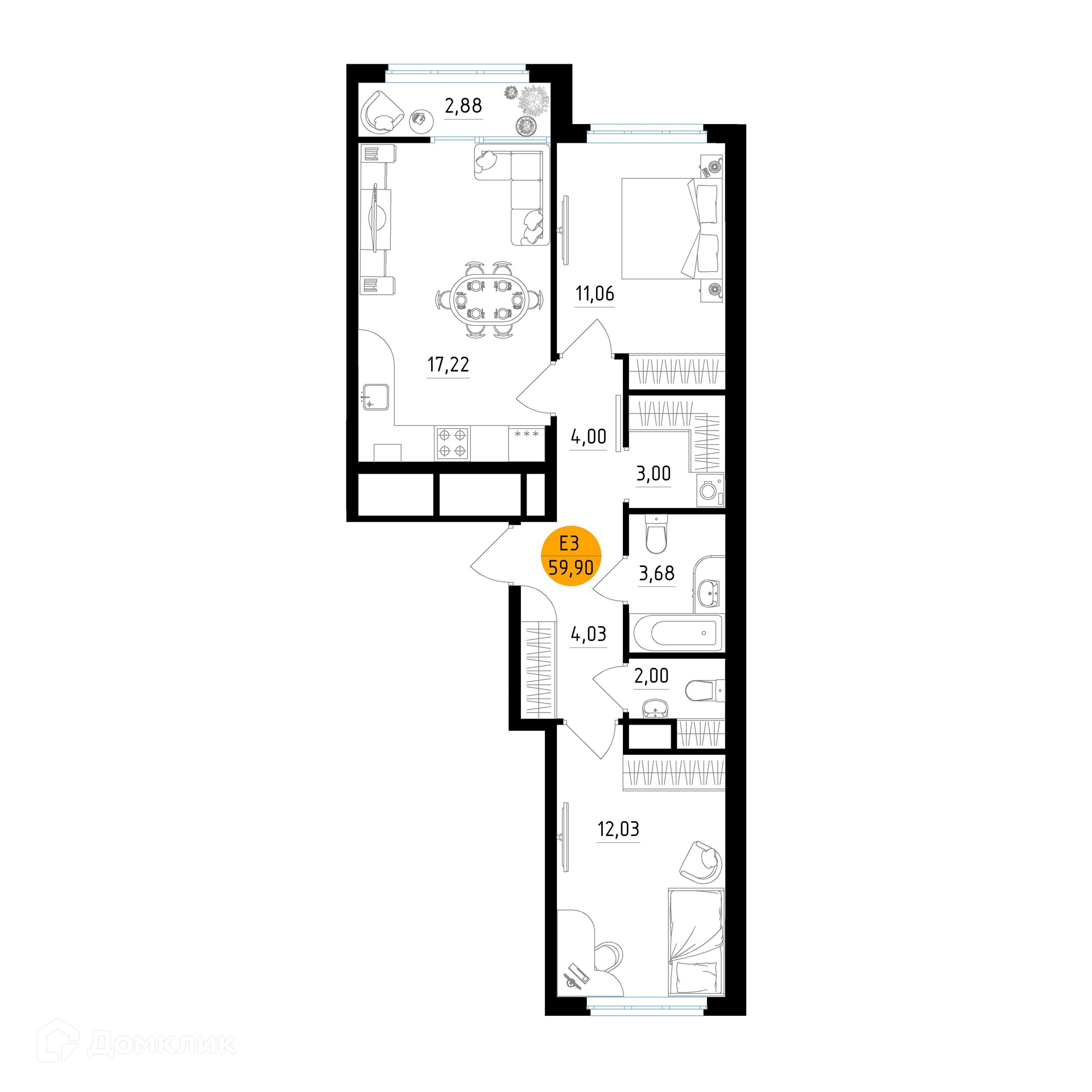 Планировка 2 комн. в ЖК Смарт Квартал ЦЕНТРАЛЬНЫЙ