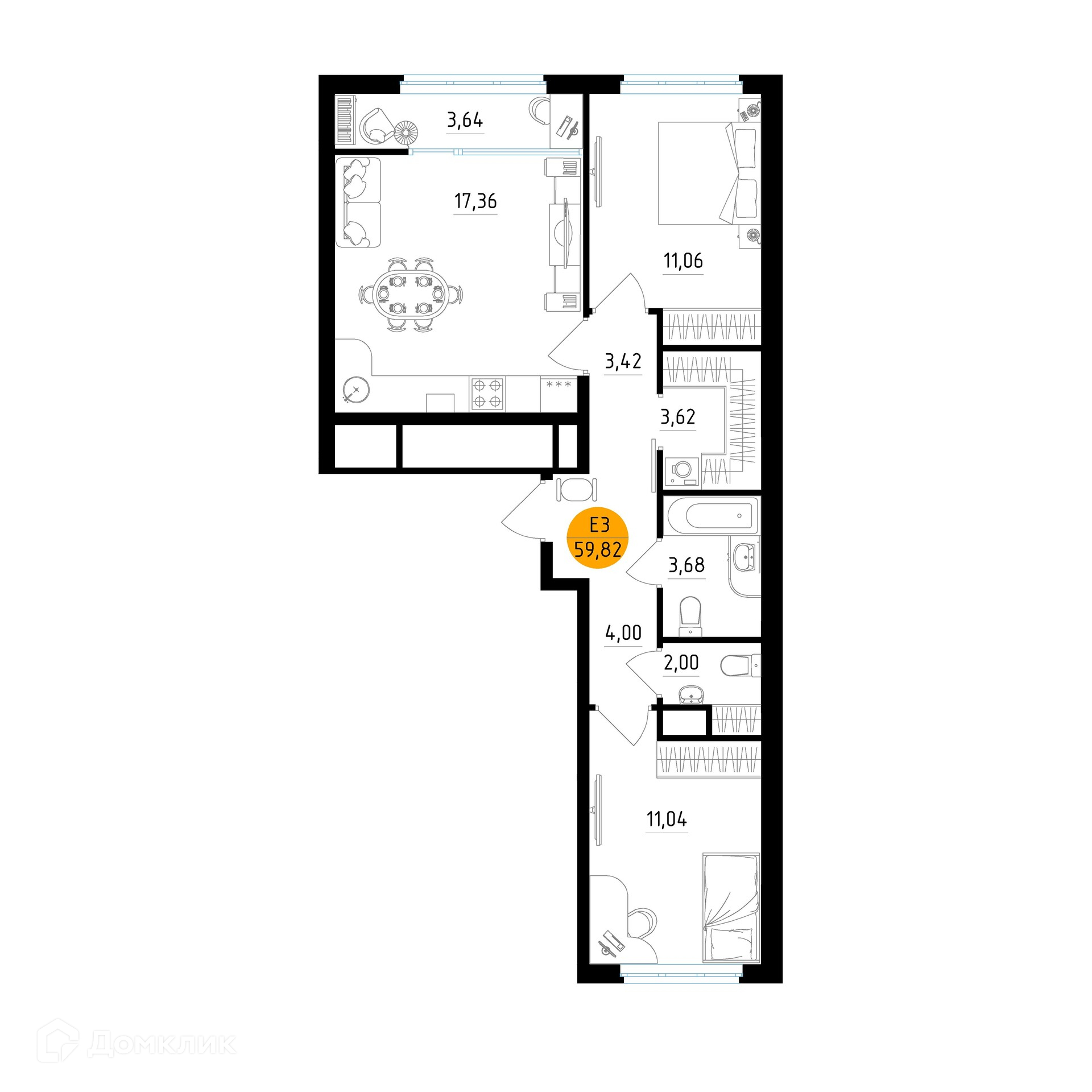 Планировка 2 комн. в ЖК Смарт Квартал ЦЕНТРАЛЬНЫЙ