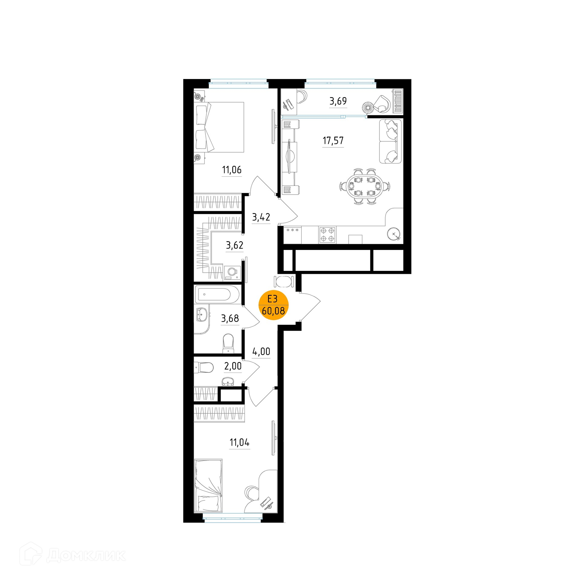 Планировка 2 комн. в ЖК Смарт Квартал ЦЕНТРАЛЬНЫЙ