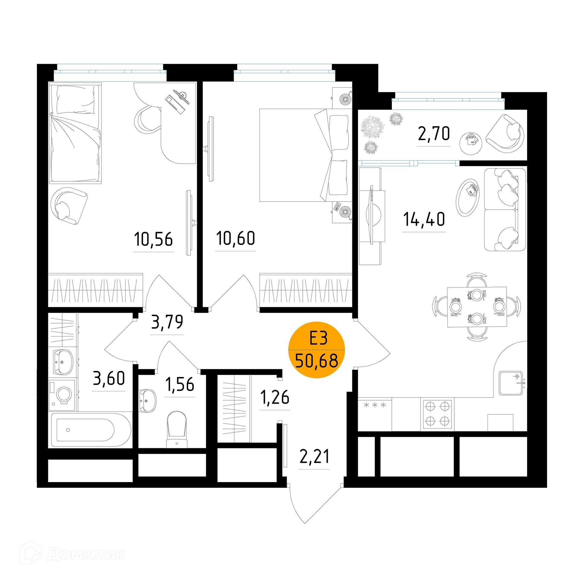 Планировка 2 комн. в ЖК Смарт Квартал ЦЕНТРАЛЬНЫЙ