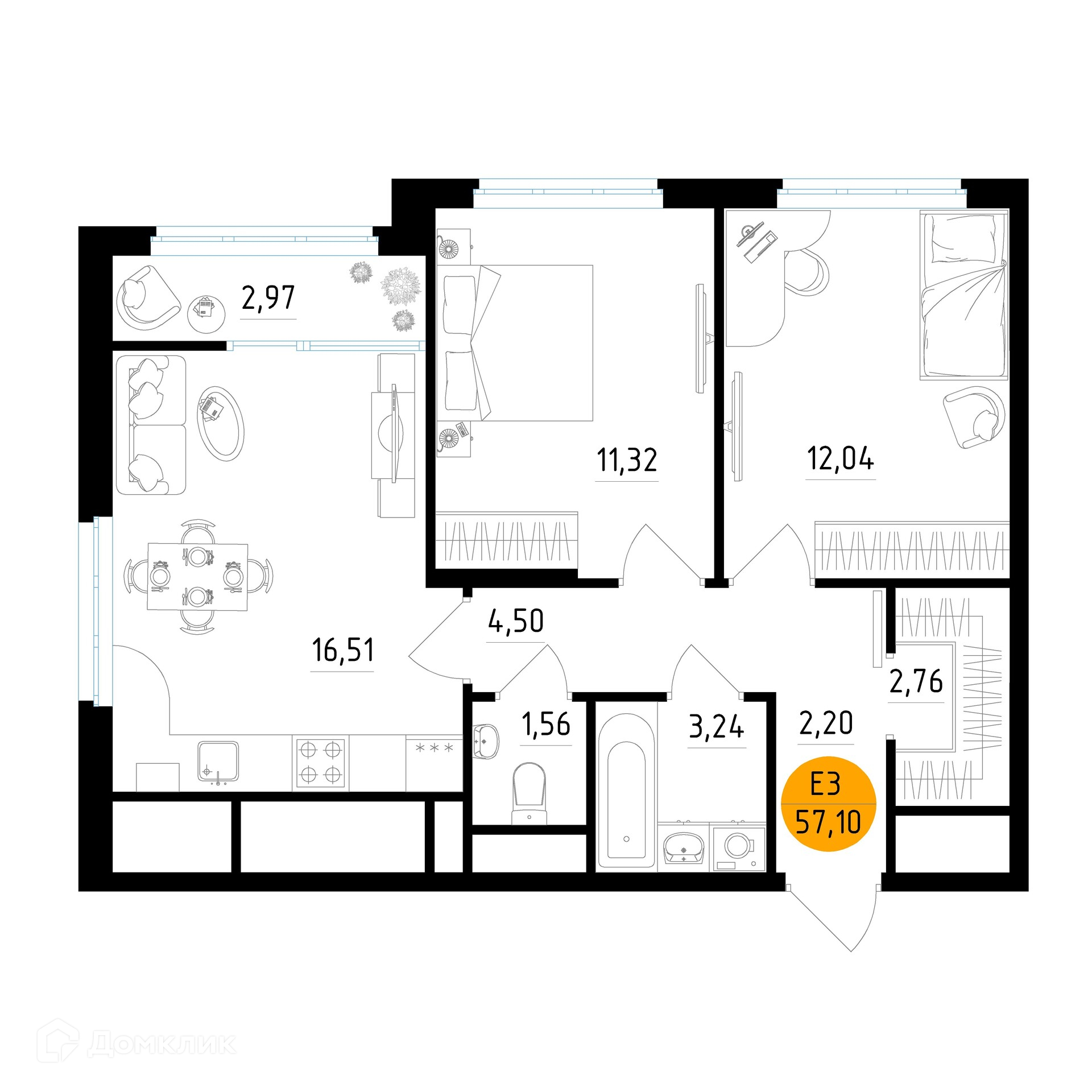 Планировка 2 комн. в ЖК Смарт Квартал ЦЕНТРАЛЬНЫЙ