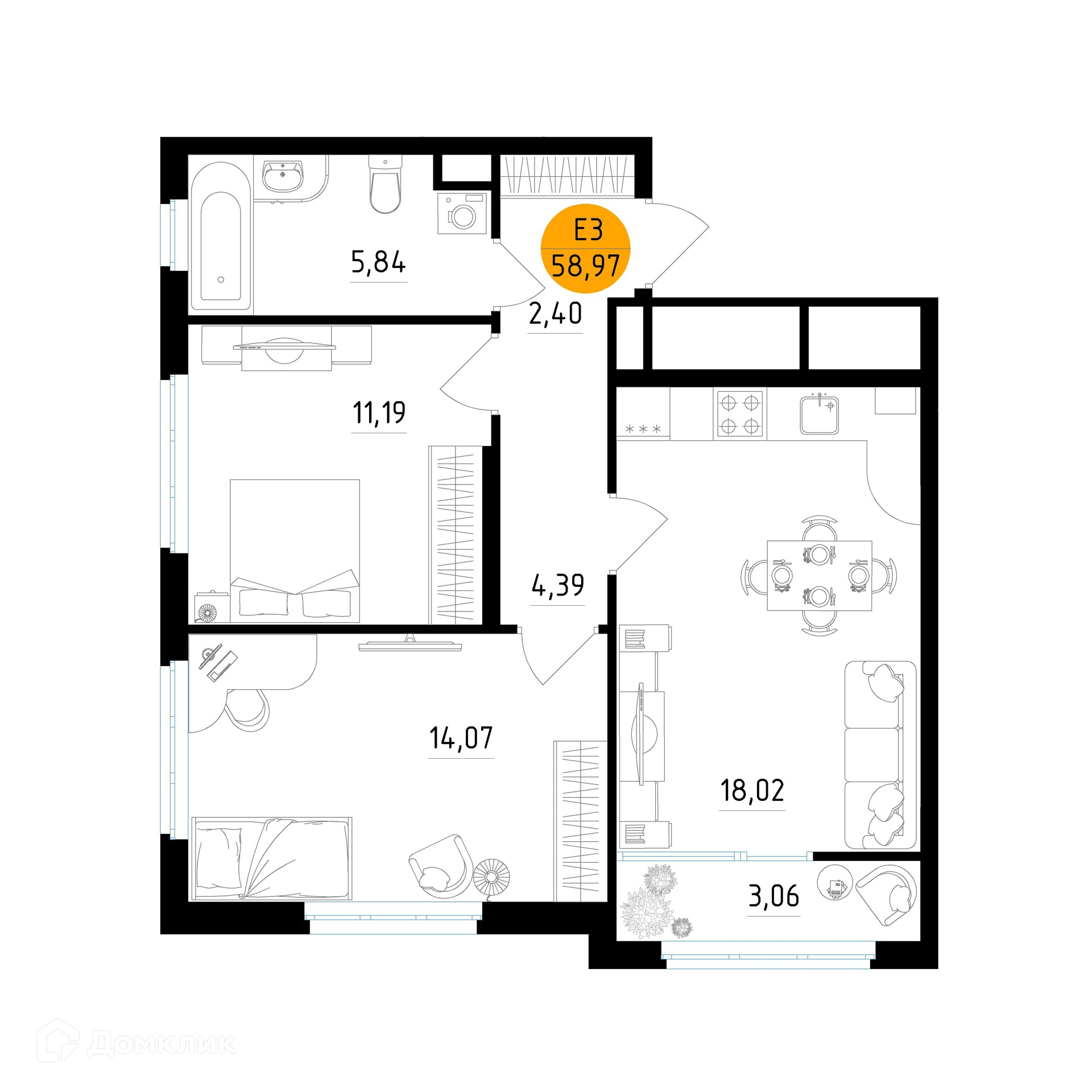 Планировка 2 комн. в ЖК Смарт Квартал ЦЕНТРАЛЬНЫЙ