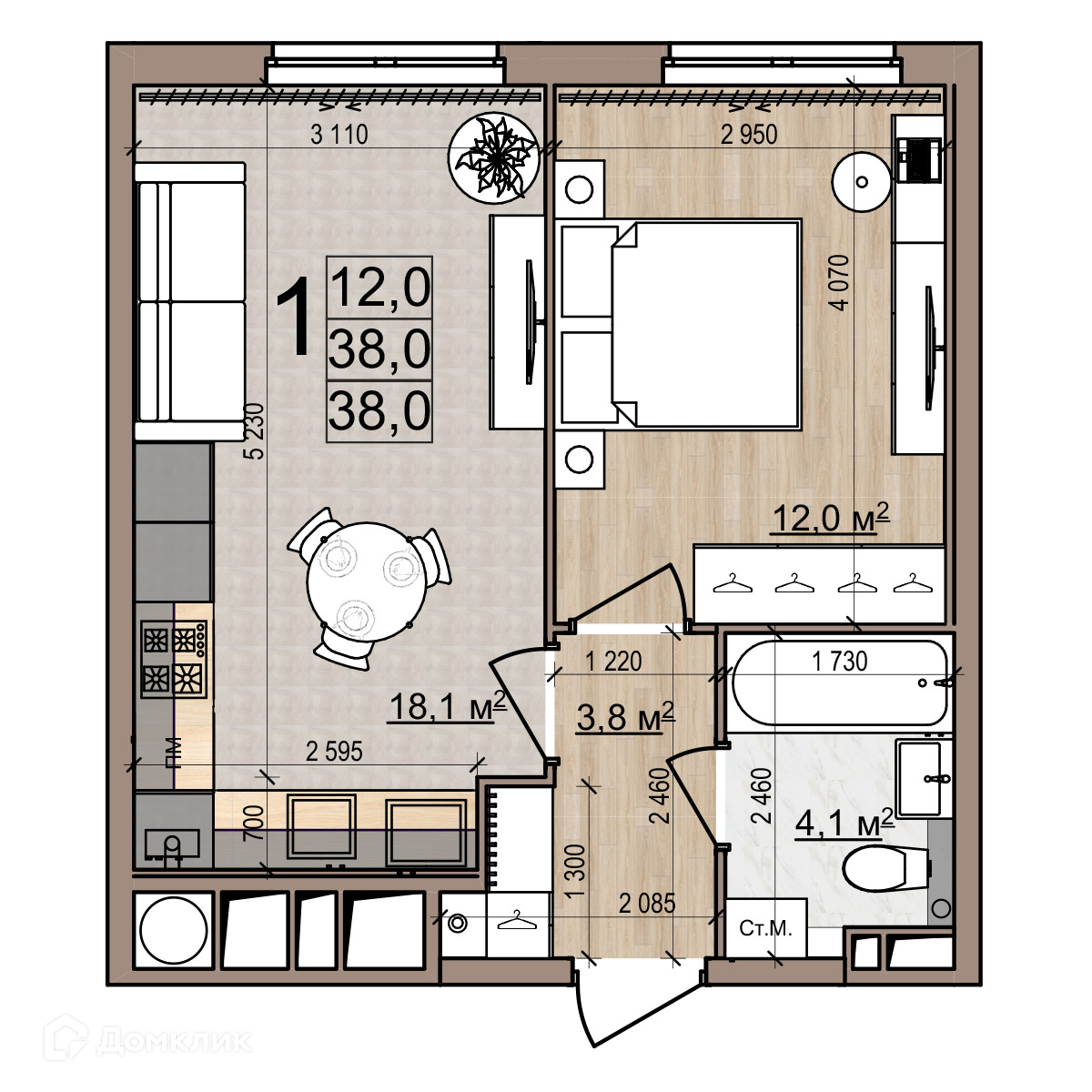 Планировка 1 комн. в ЖК Еврокласс-5
