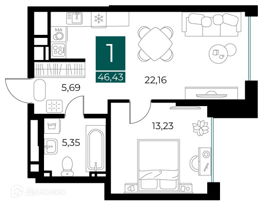 Планировка 1 комн. в ЖК Арт-кварталы