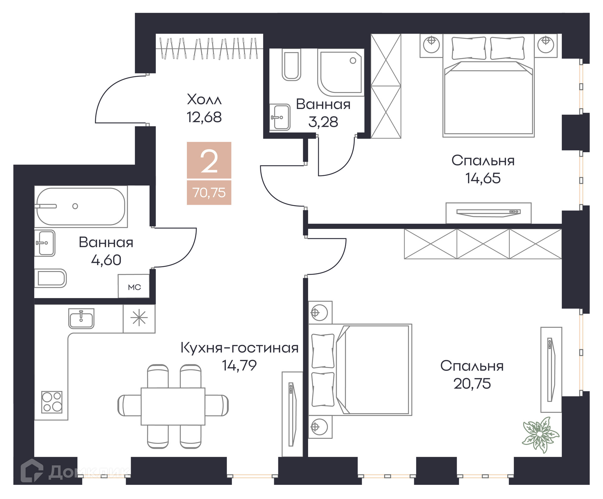 Планировка 2 комн. в ЖК Резиденция Поляна