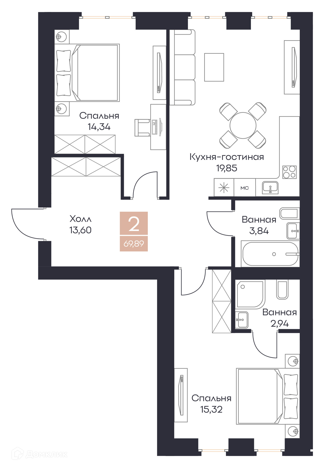 Планировка 2 комн. в ЖК Резиденция Поляна