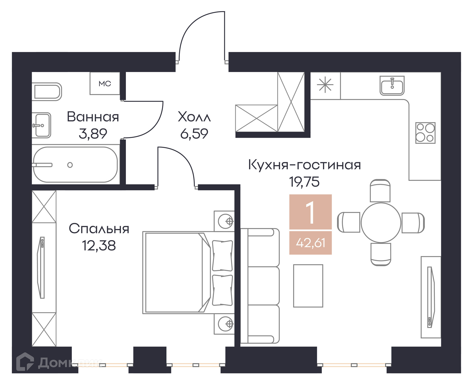 Планировка 1 комн. в ЖК Резиденция Поляна