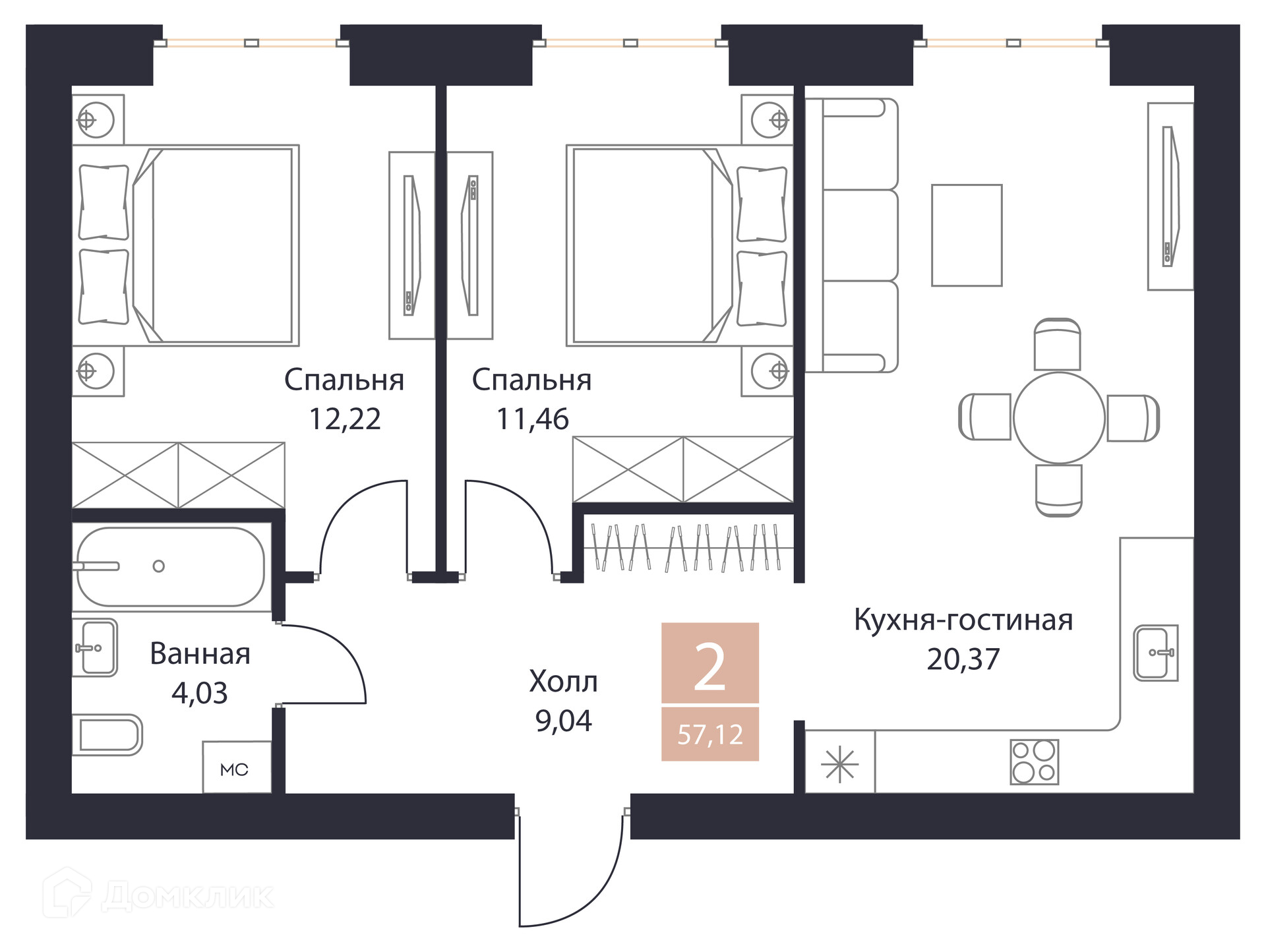 Планировка 2 комн. в ЖК Резиденция Поляна