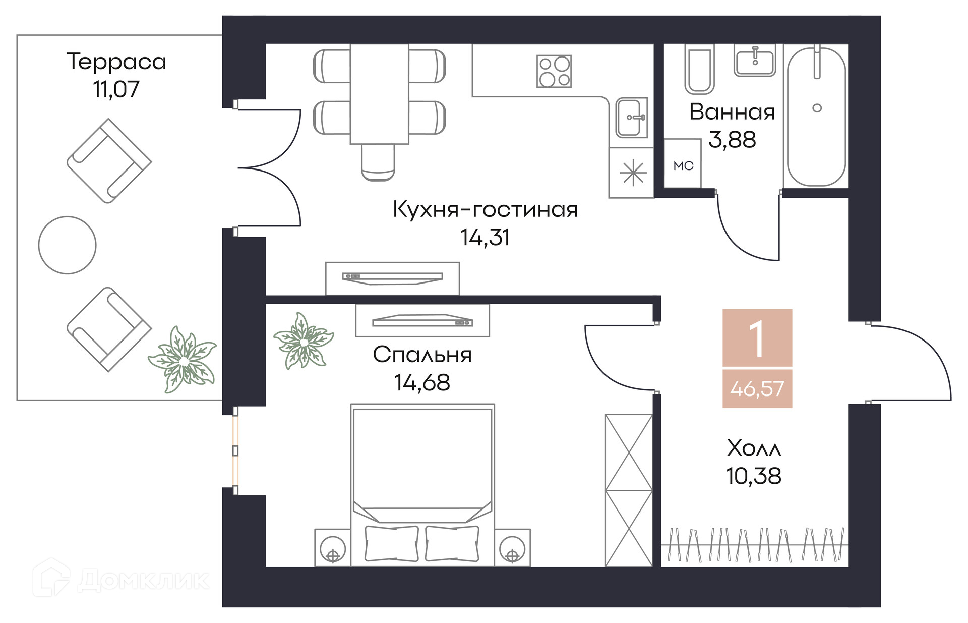 Планировка 1 комн. в ЖК Резиденция Поляна