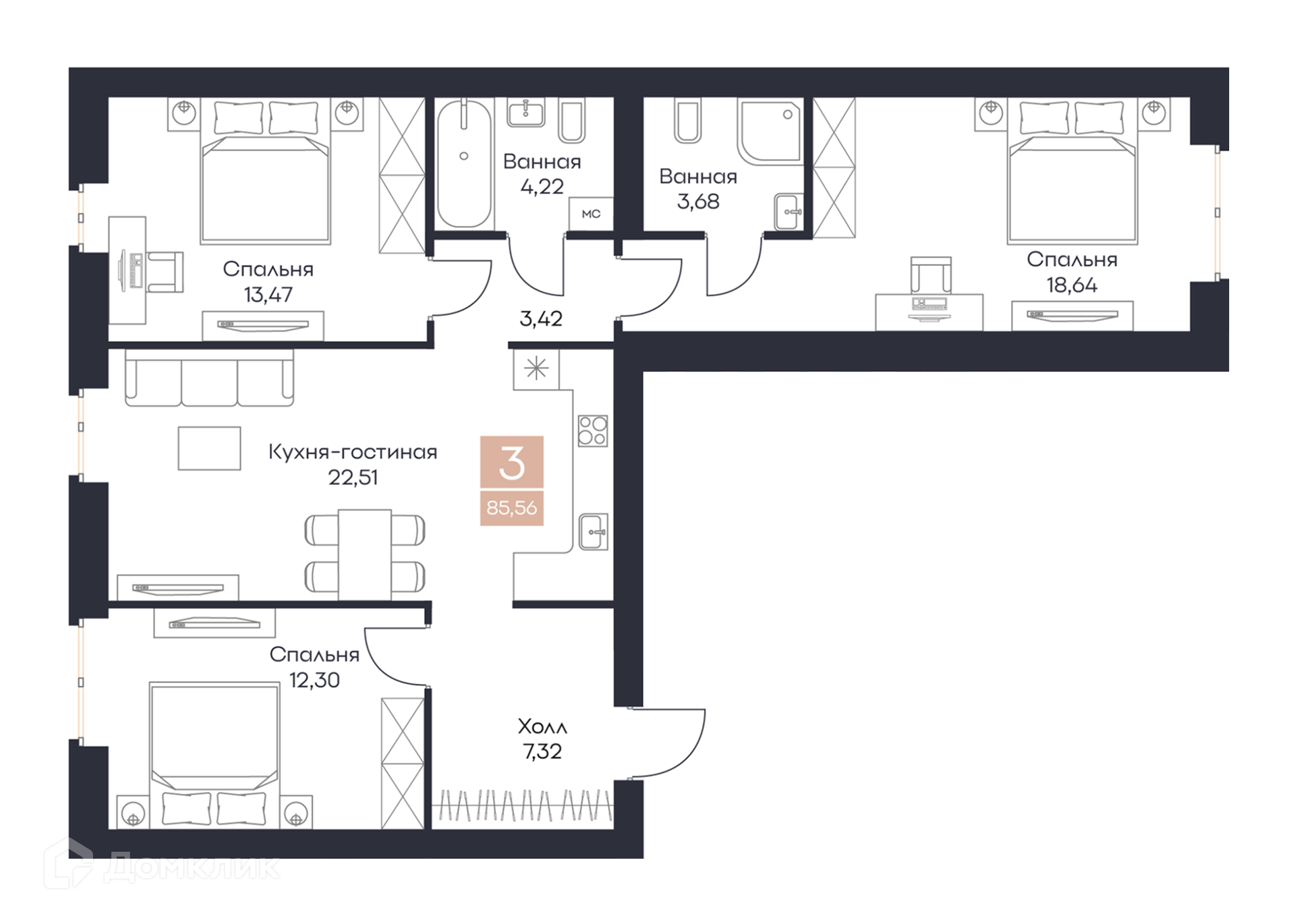 Планировка 3 комн. в ЖК Резиденция Поляна