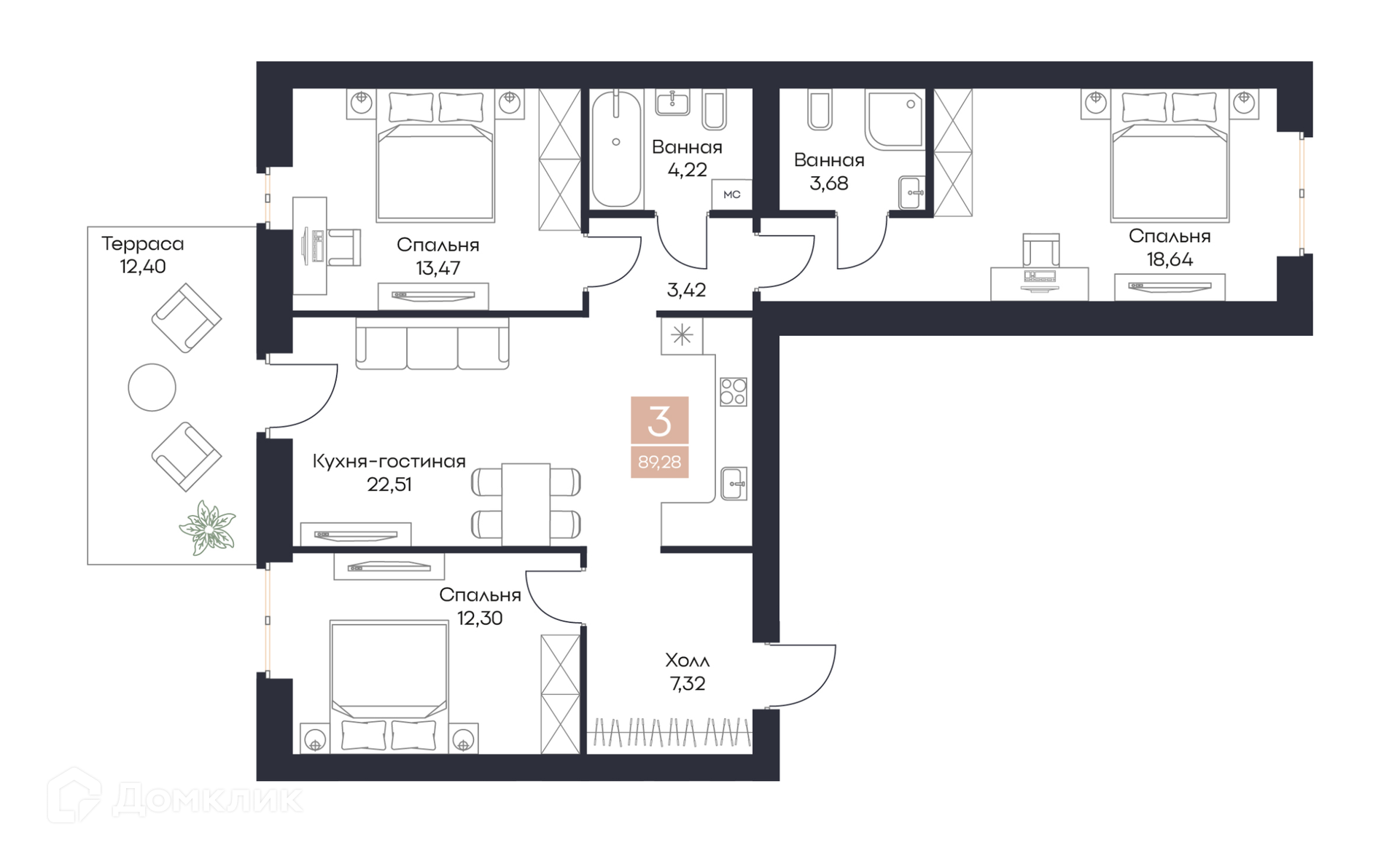 Планировка 3 комн. в ЖК Резиденция Поляна