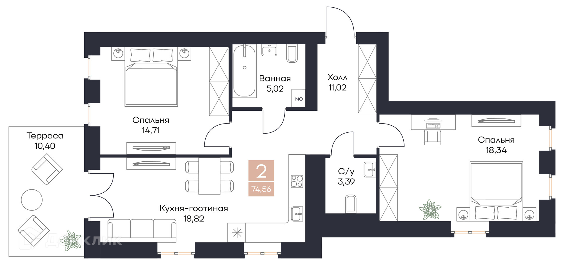 Планировка 2 комн. в ЖК Резиденция Поляна