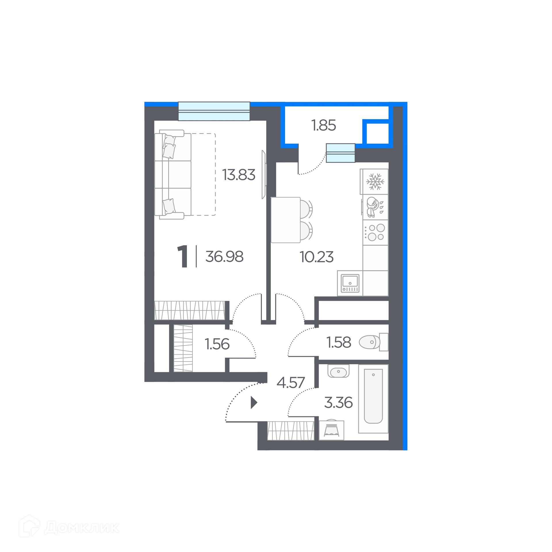 Планировка 1 комн. в ЖК Новые горизонты