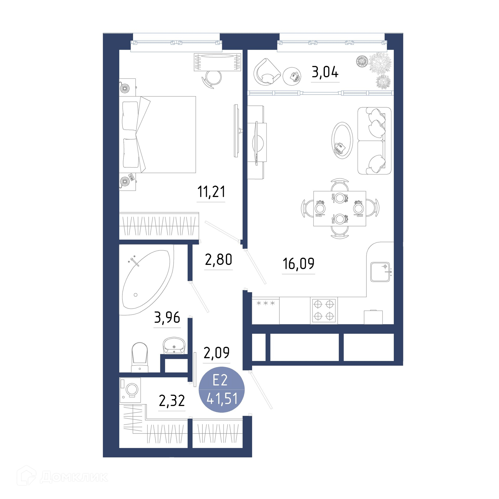 Планировка 1 комн. в ЖК Бульвар оптимистов