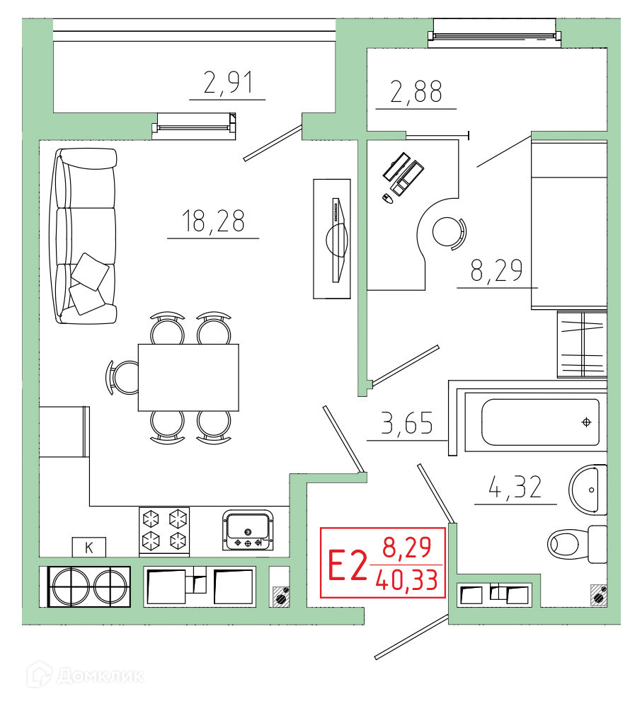 Планировка 1 комн. в ЖК Бульвар оптимистов