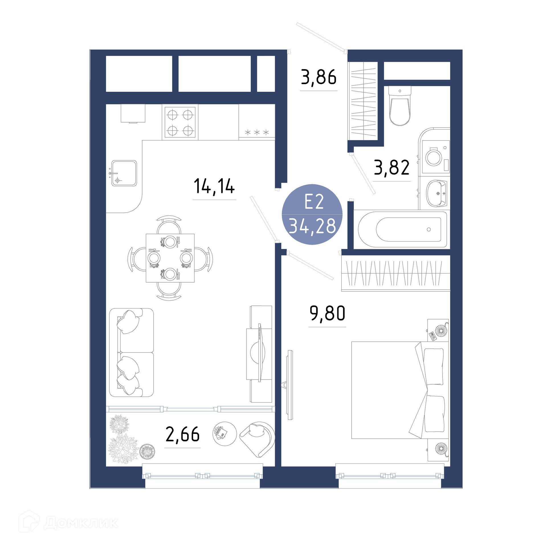 Планировка 1 комн. в ЖК Бульвар оптимистов