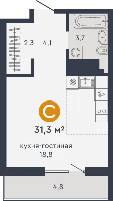Планировка студии квартиры 31.3 м² в ЖК Жилой дом "7Я", г. Екатеринбург — фото 1