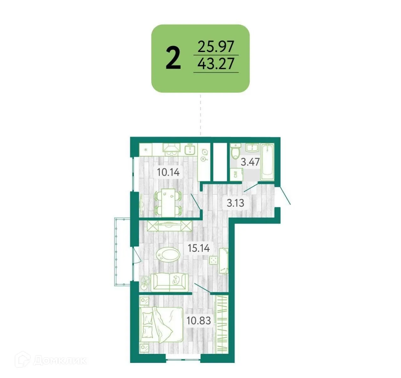 Планировка 2-комнатной квартиры 43.27 м² в ЖК в г. Белгород, г. Белгород — фото 1