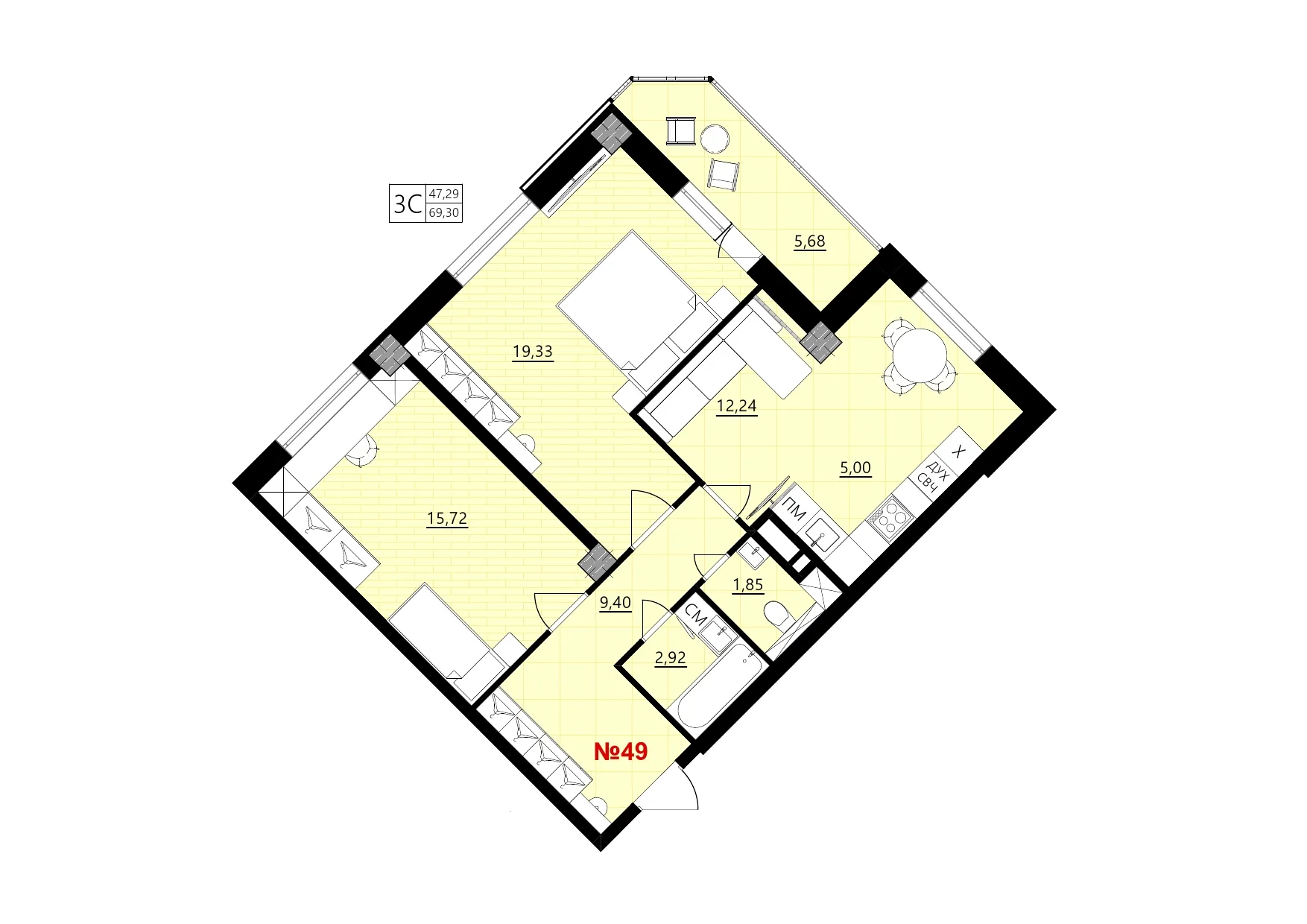 Планировка 3-комнатной квартиры 69.3 м² в Новое время, г. Белгород — фото 1