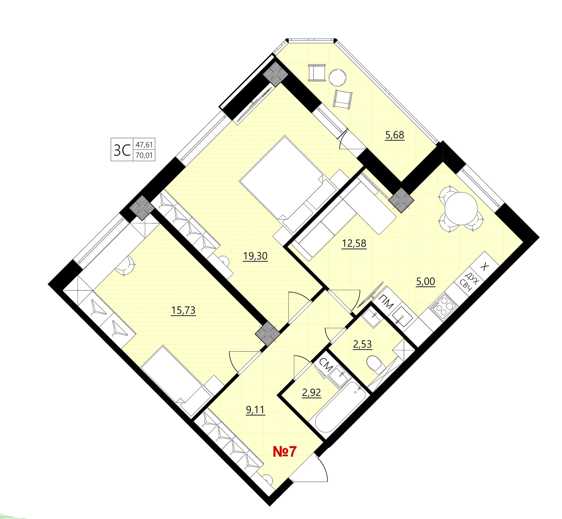 Планировка 3-комнатной квартиры 70.01 м² в Новое время, г. Белгород — фото 1