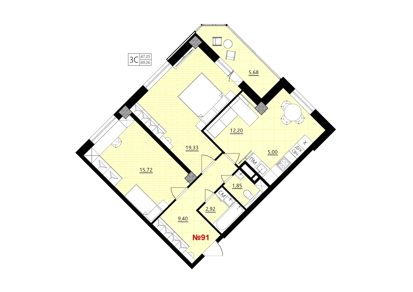 Планировка 3-комнатной квартиры 69.26 м² в Новое время, г. Белгород — фото 1