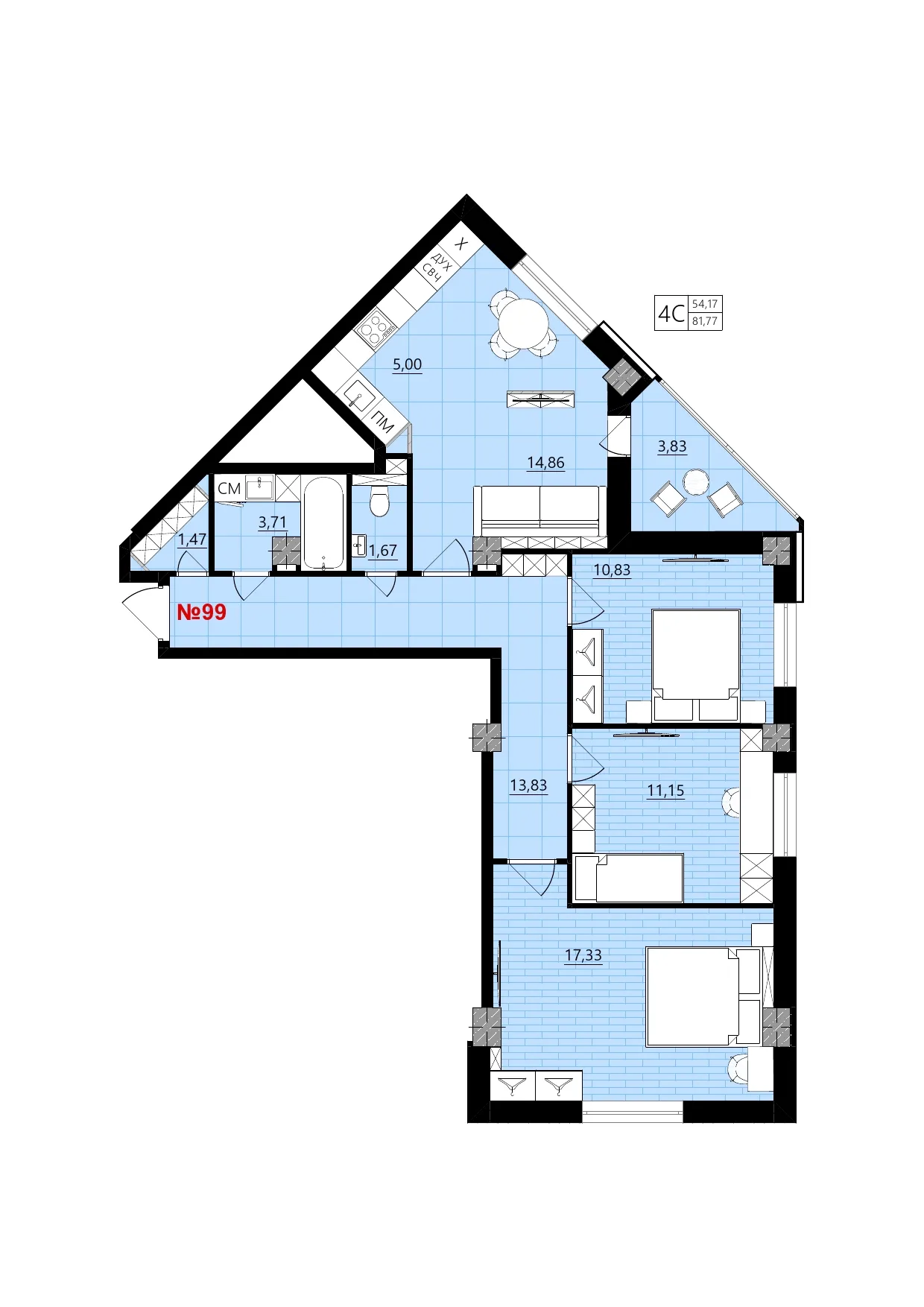 Планировка 4-комнатной квартиры 81.77 м² в Новое время, г. Белгород — фото 1