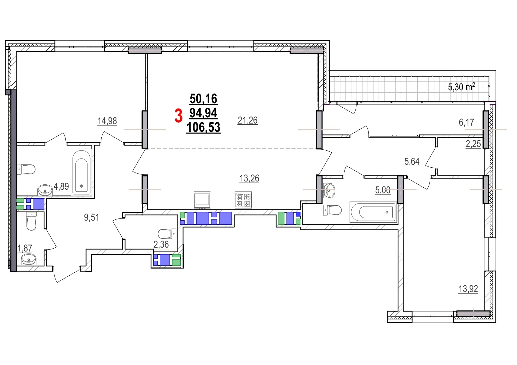 Планировка 3-комнатной квартиры 106.53 м² в ЖК МКР Парковый, г. Белгород — фото 1