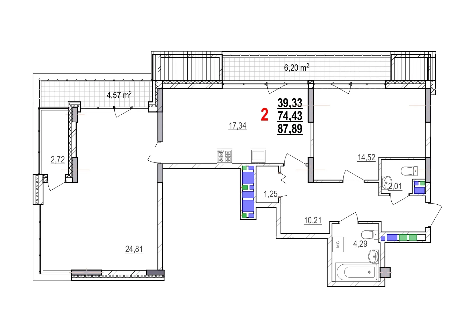 Планировка 2-комнатной квартиры 87.89 м² в ЖК МКР Парковый, г. Белгород — фото 1