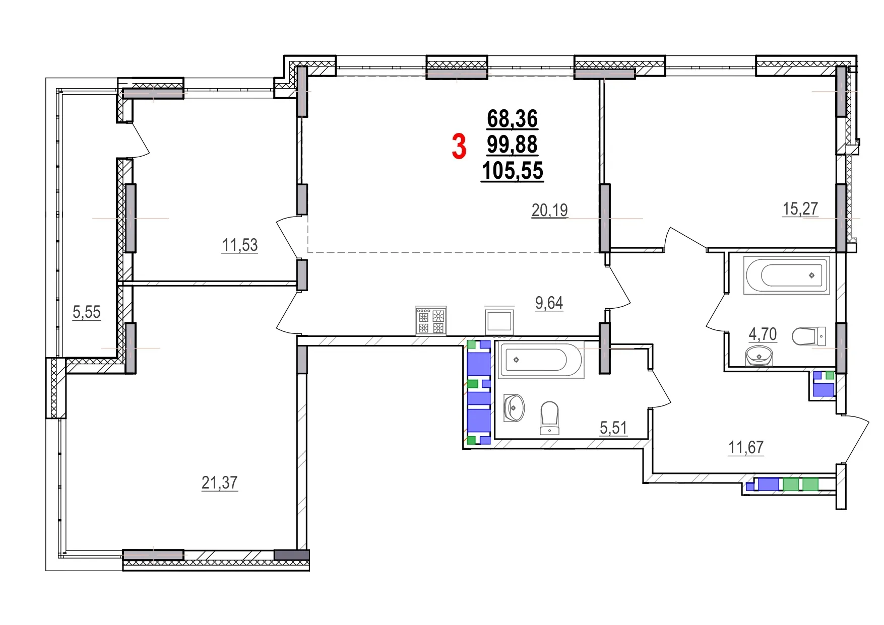 Планировка 3-комнатной квартиры 105.55 м² в ЖК МКР Парковый, г. Белгород — фото 1
