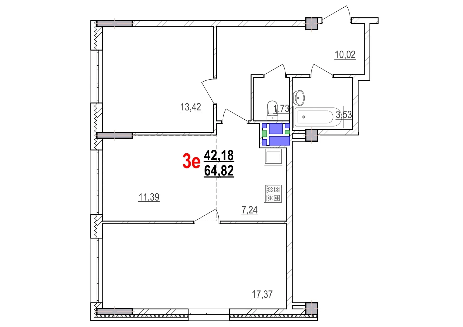 Планировка 3-комнатной квартиры 64.82 м² в ЖК МКР Парковый, г. Белгород — фото 1