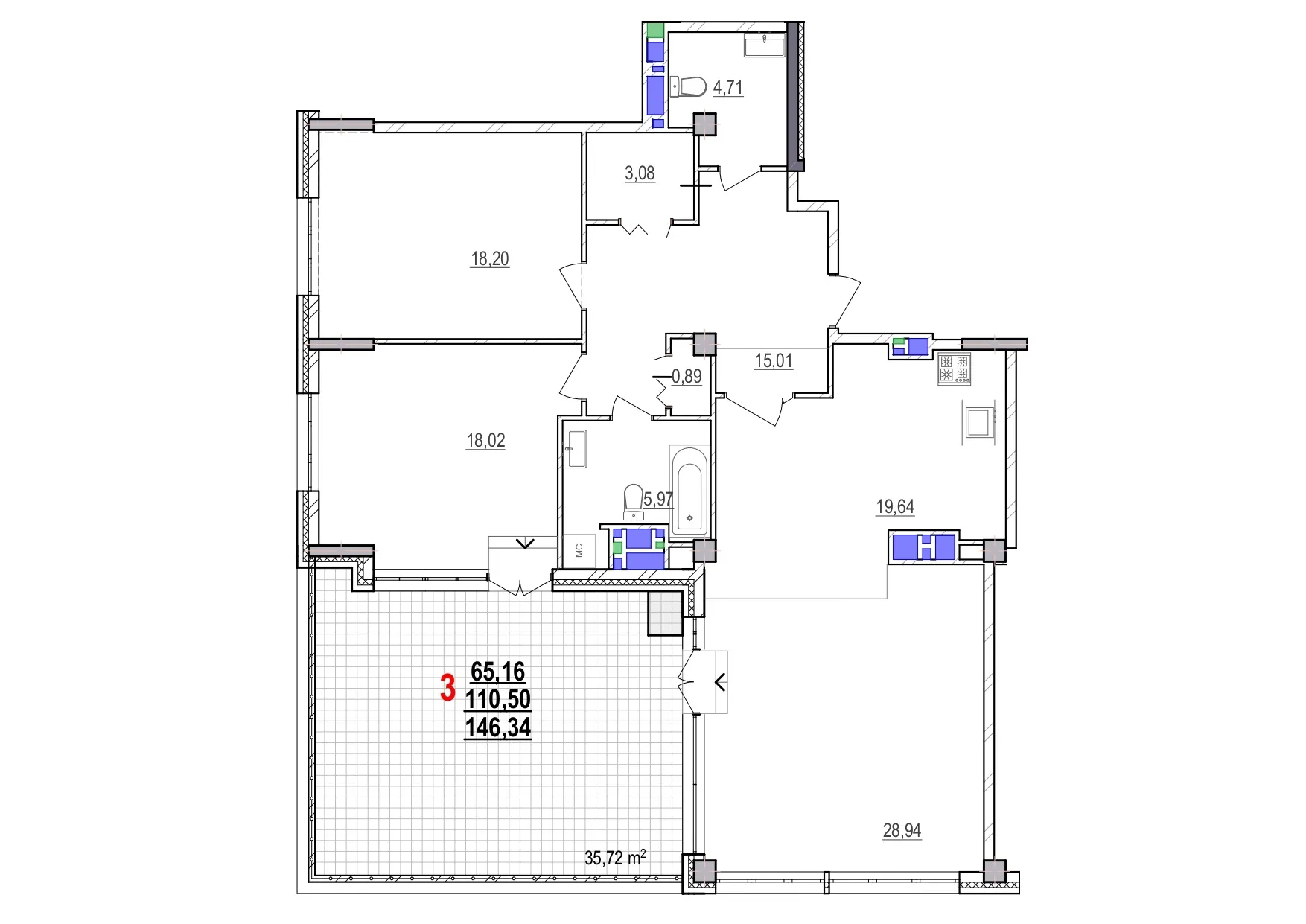 Планировка 3-комнатной квартиры 146.34 м² в ЖК МКР Парковый, г. Белгород — фото 1