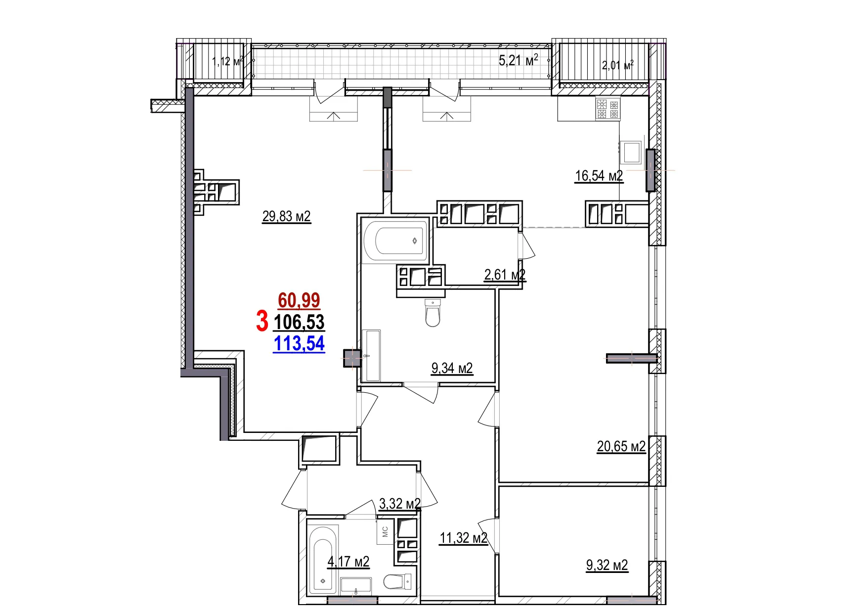 Планировка 3-комнатной квартиры 113.54 м² в ЖК МКР Парковый, г. Белгород — фото 1