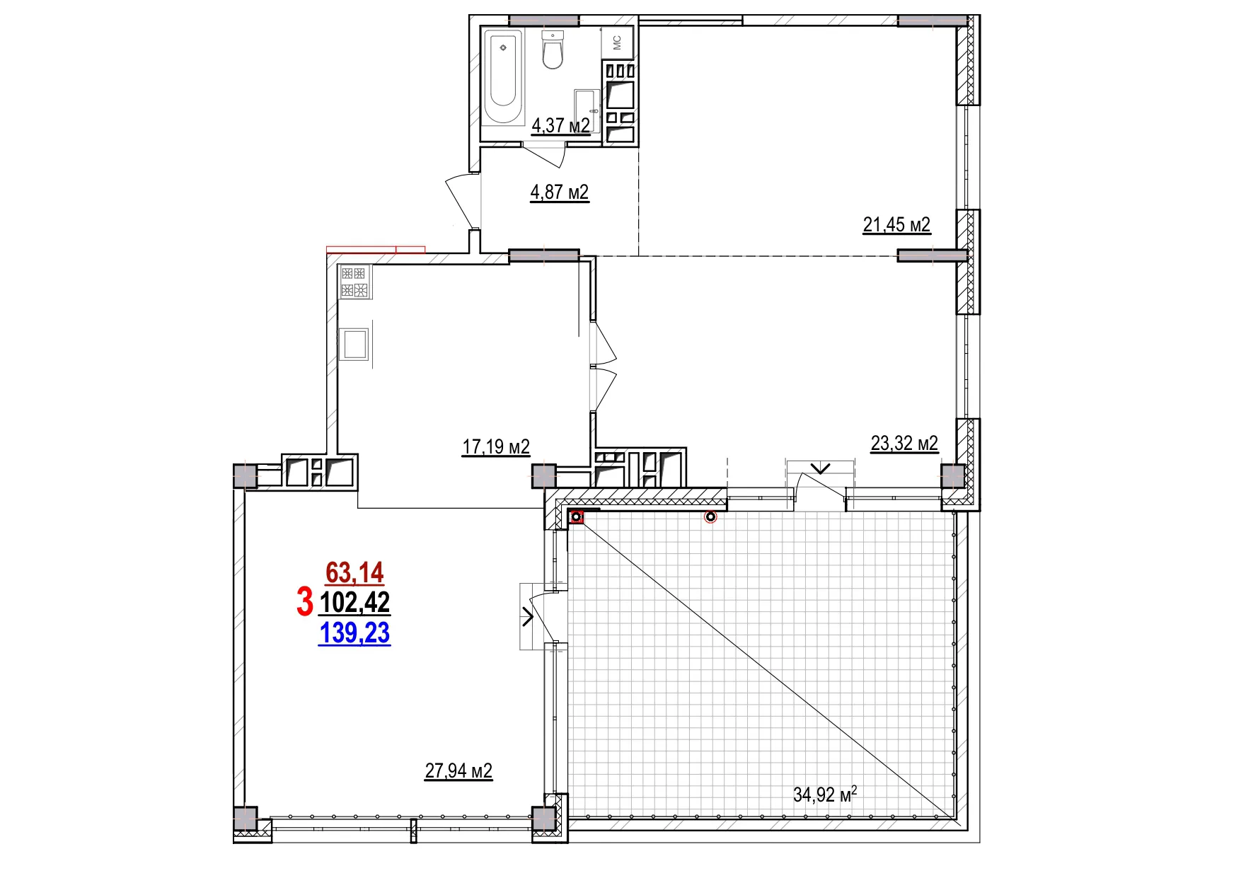 Планировка 3-комнатной квартиры 139.23 м² в ЖК МКР Парковый, г. Белгород — фото 1