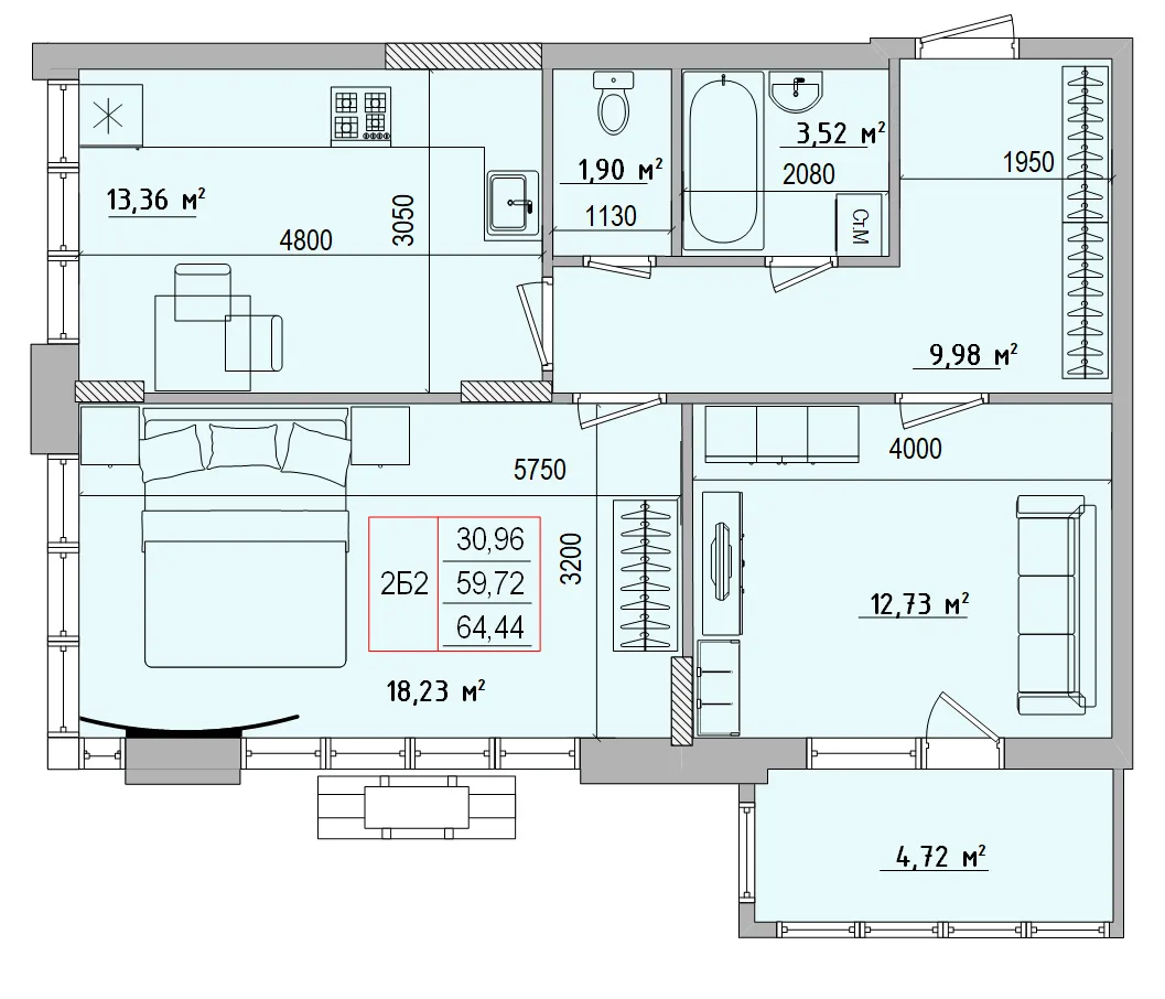 Планировка 2-комнатной квартиры 64.44 м² в ЖК Луч, г. Белгород — фото 1