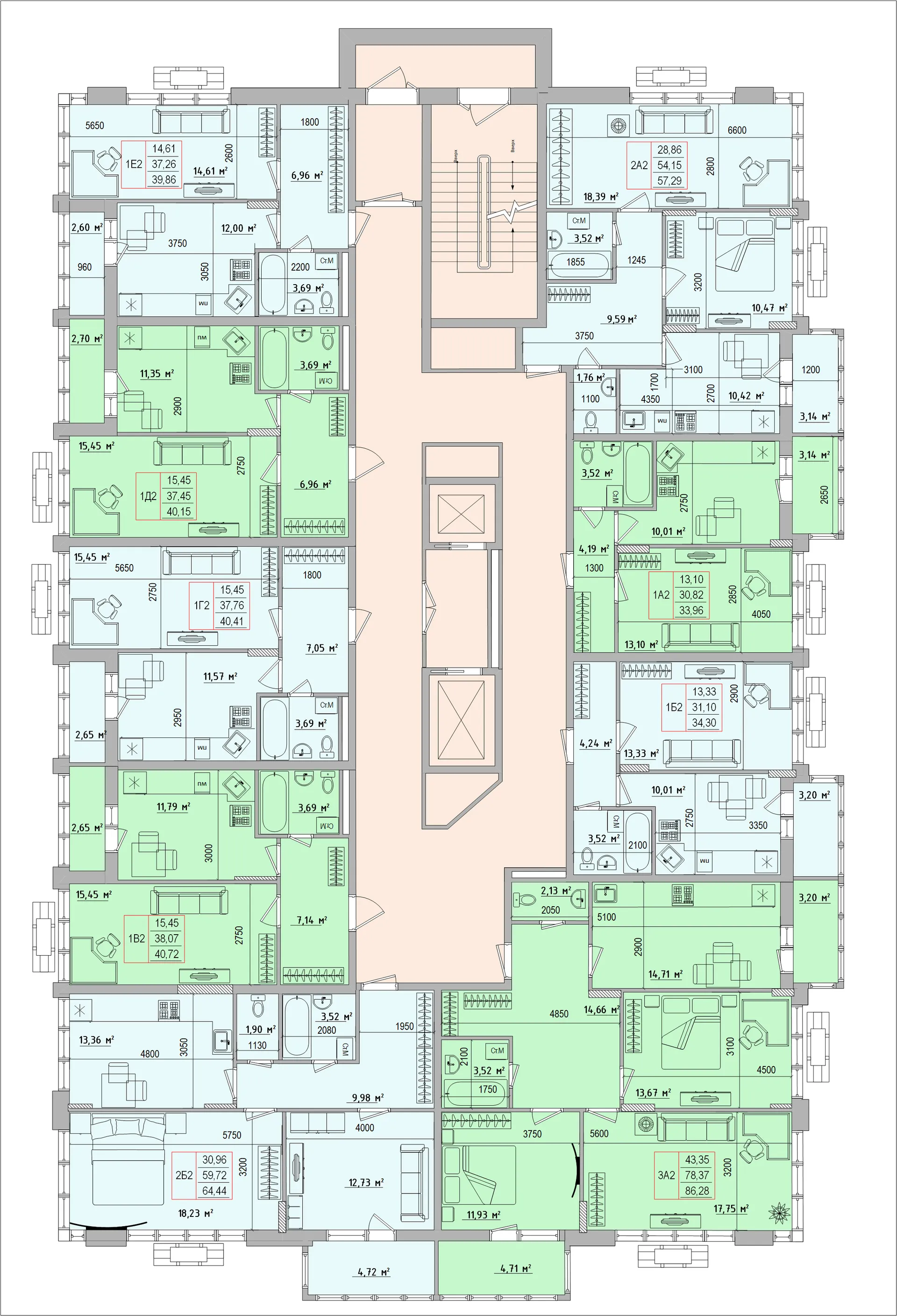 Планировка 1-комнатной квартиры 39.86 м² в ЖК Луч, г. Белгород — фото 3