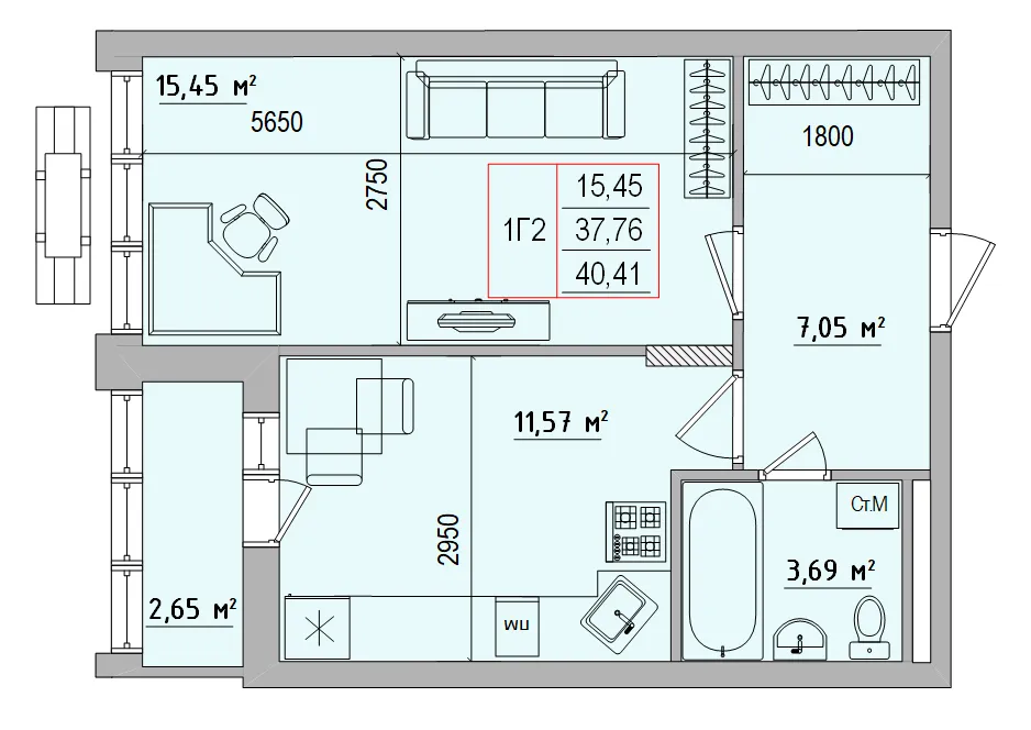 Планировка 1-комнатной квартиры 40.41 м² в ЖК Луч, г. Белгород — фото 1