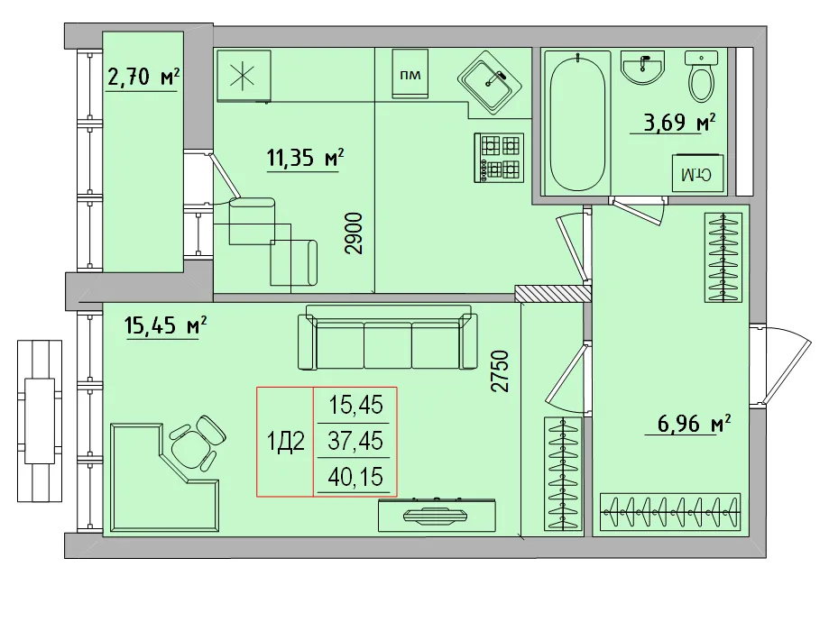 Планировка 1-комнатной квартиры 40.15 м² в ЖК Луч, г. Белгород — фото 1
