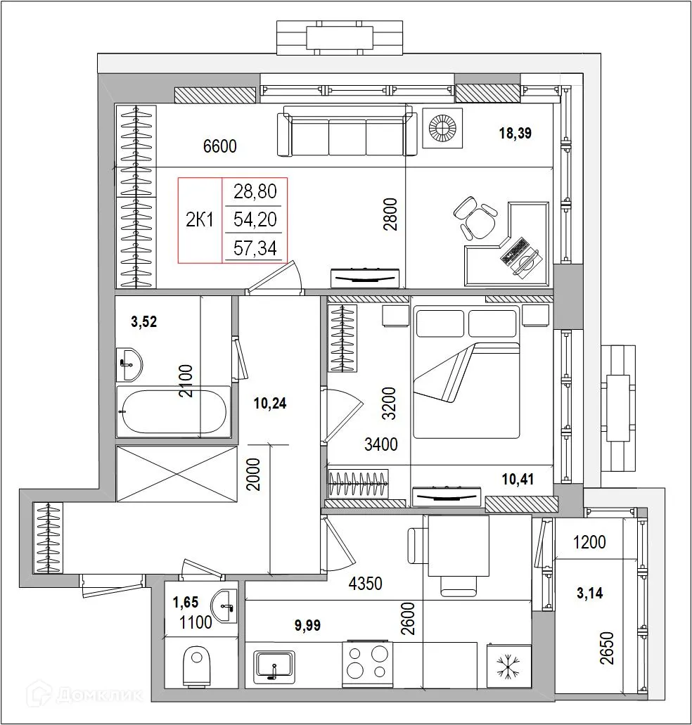 Планировка 2-комнатной квартиры 57.34 м² в ЖК Луч, г. Белгород — фото 1