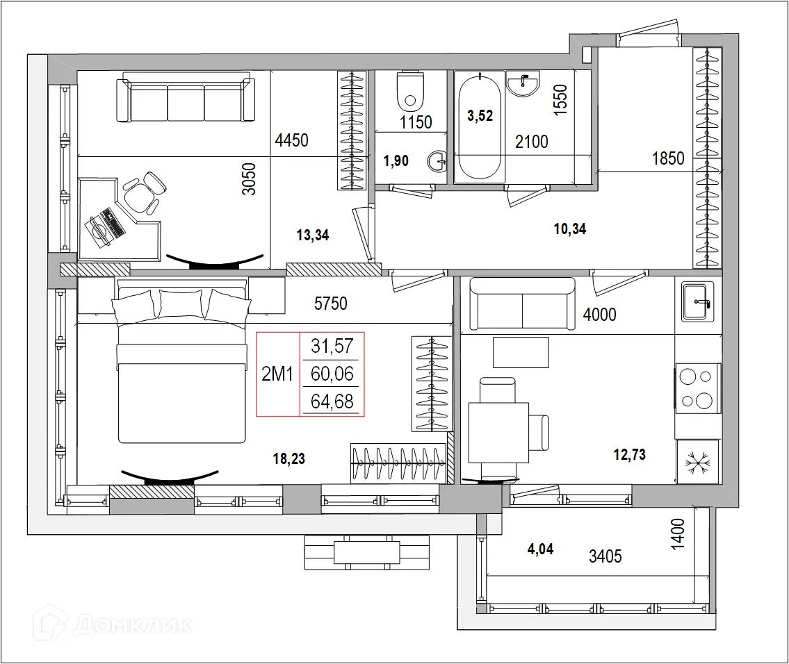 Планировка 2-комнатной квартиры 64.78 м² в ЖК Луч, г. Белгород — фото 1