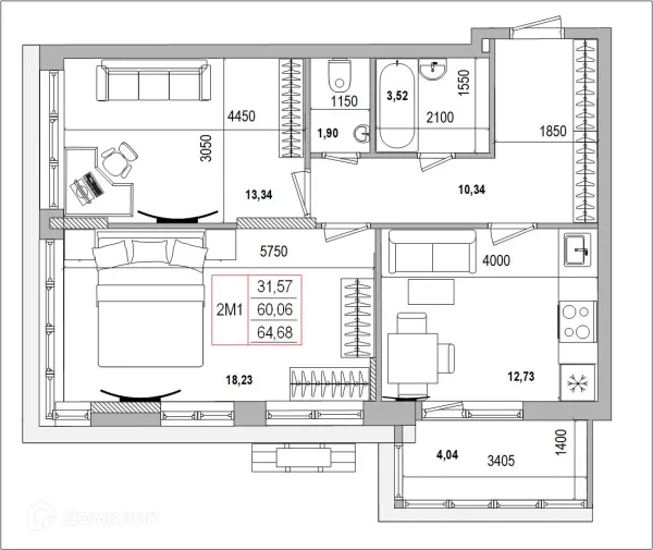 Планировка 2 комн. в ЖК Луч