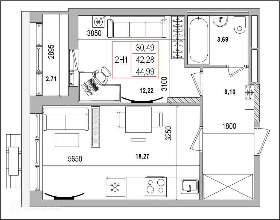 Планировка 2-комнатной квартиры 45.01 м² в ЖК Луч, г. Белгород — фото 1