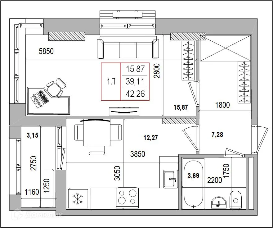 Планировка 1-комнатной квартиры 42.26 м² в ЖК Луч, г. Белгород — фото 1