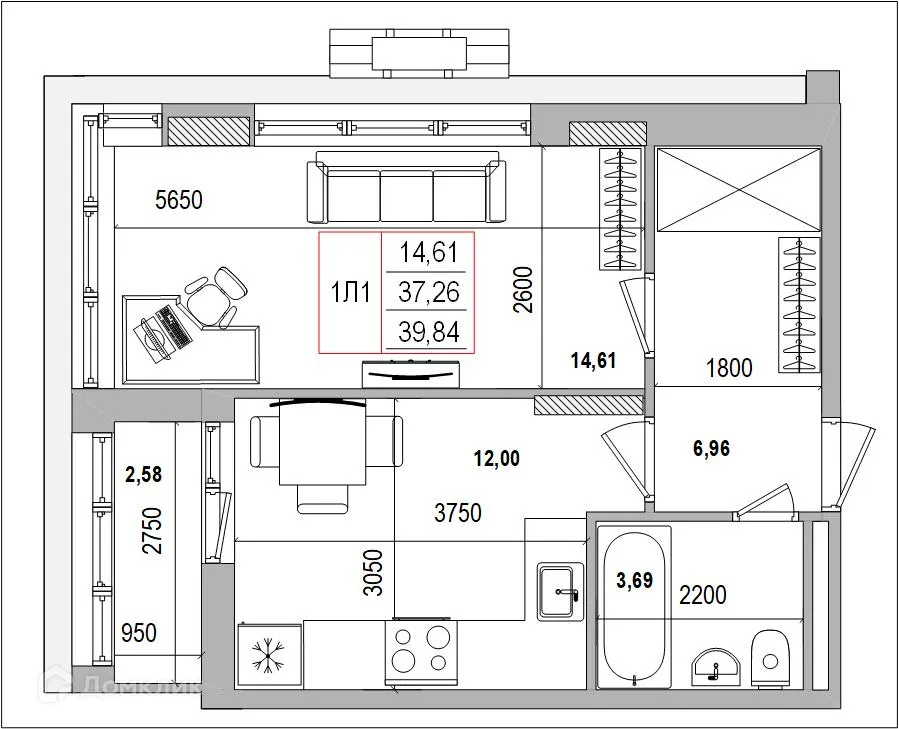 Планировка 1-комнатной квартиры 39.86 м² в ЖК Луч, г. Белгород — фото 1