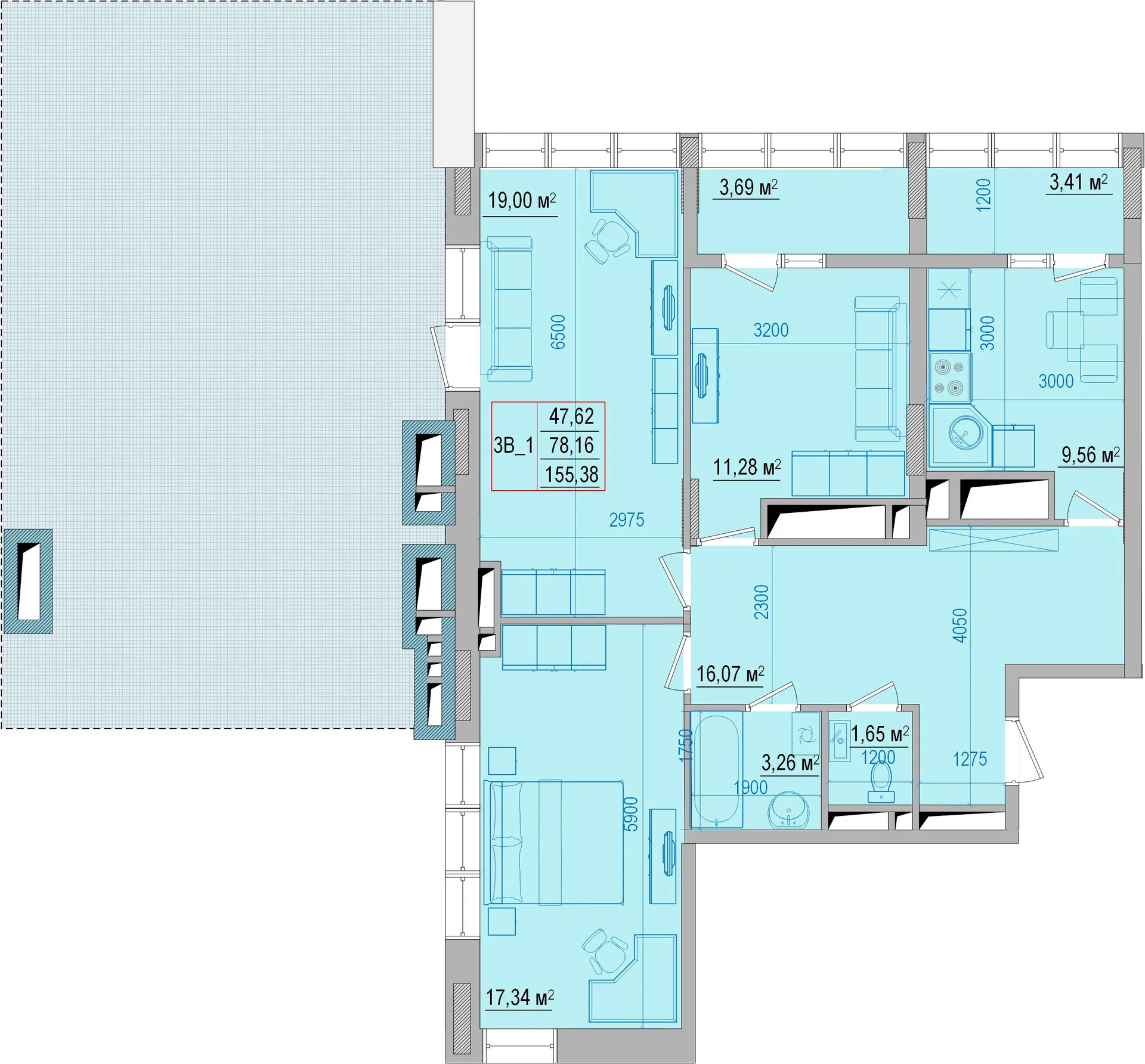Планировка 3-комнатной квартиры 160.53 м² в ЖК "Привилегия", г. Белгород — фото 1