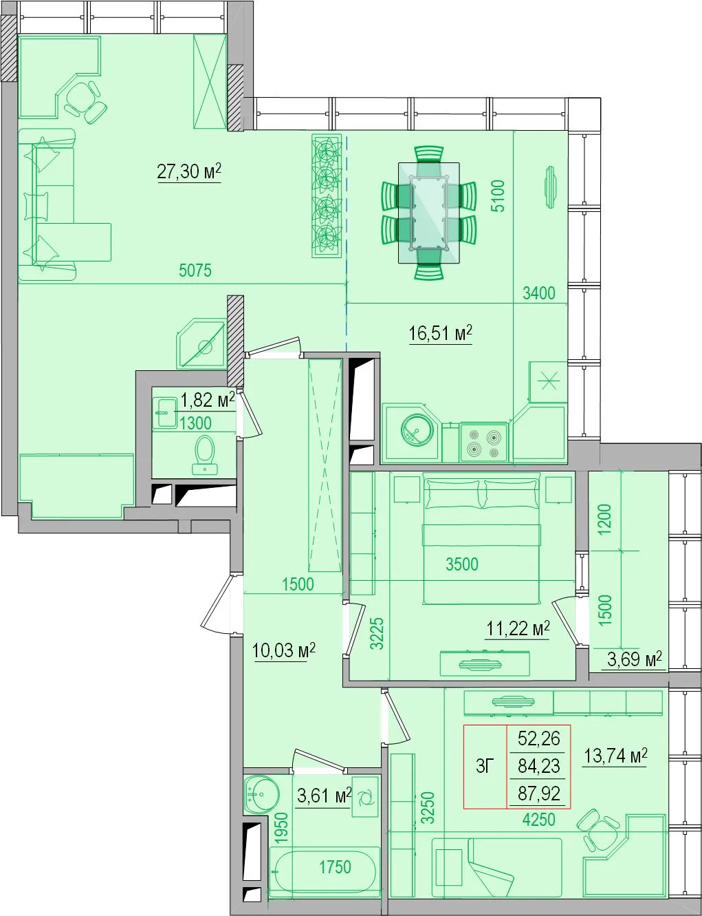 Планировка 3-комнатной квартиры 90.4 м² в ЖК "Привилегия", г. Белгород — фото 1